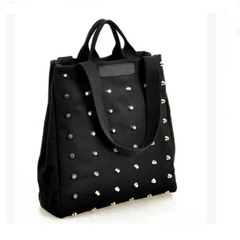 Unique Punk Rivet Canvas Women Tophandle Black Bags Girl Handbags Tote Bag Bolsos Femenina 2