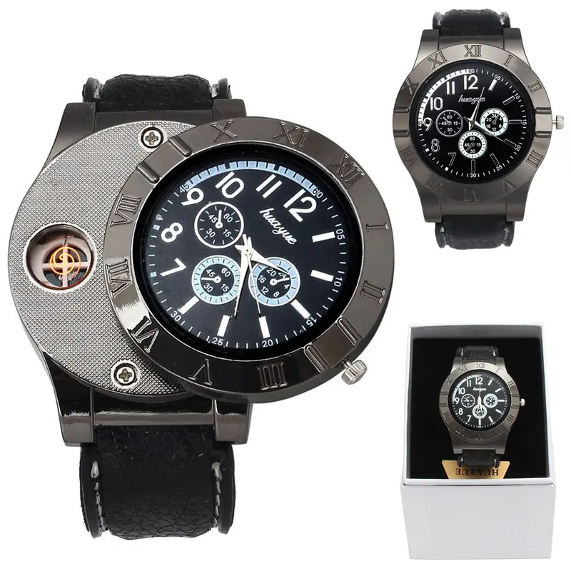 Unique Style Men's Watch Windproof Casual Military Quartz Watch With Usb Cigarette Cigar Flameless Lighter Army Relogio 1