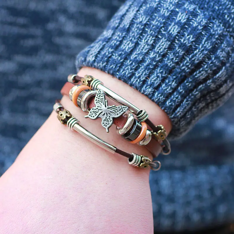 Unisex Braided Leather Bracelet Punk Jewelry Ethnic Tribal Hand-Woven Butterfly Charm Bracelet Bangles Wristband Link 1