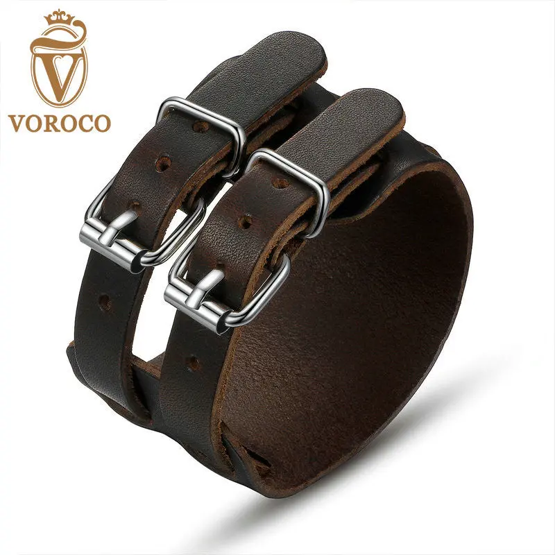 Unisex Brown Double Clasp Leather Cuff Bracelets Drop Shipped Pulseras Men 0094-2 1