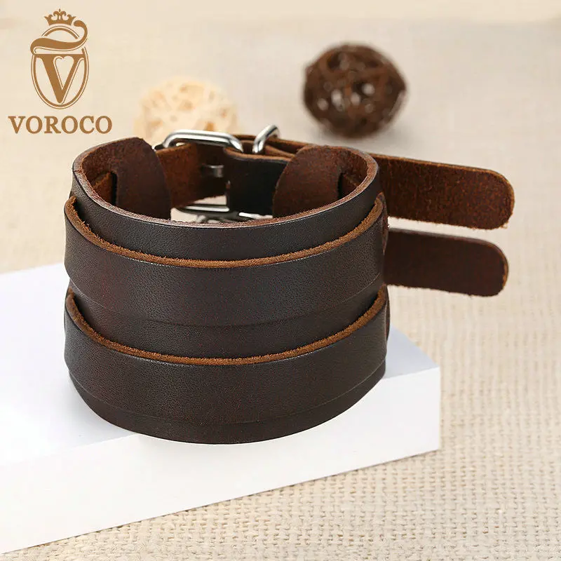 Unisex Brown Double Clasp Leather Cuff Bracelets Drop Shipped Pulseras Men 0094-2 2