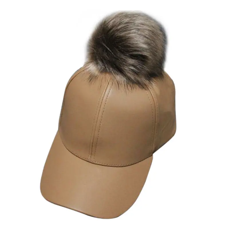 Unisex Pu Leather Hip Hop Pom Pom Fur Ball Baseball Cap Snapback Women Racoon Dog Fur Baseball Hatsuede Adjustable Baseball Cap 1