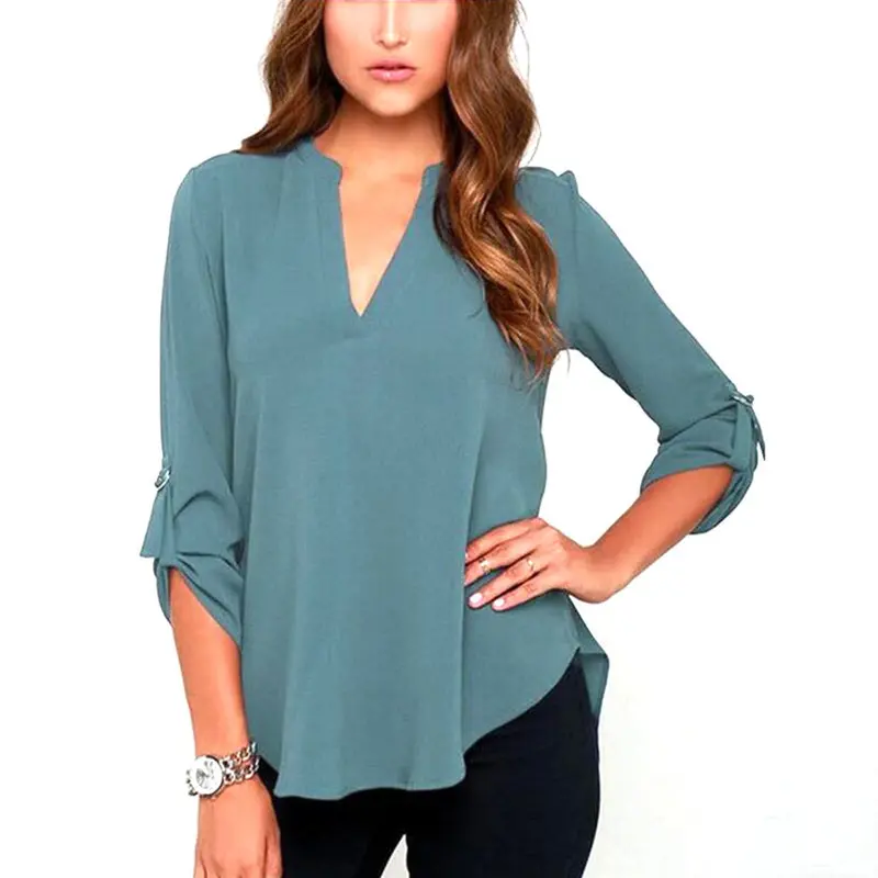 V-Neck Chiffon Blouse – Feminine Long-Sleeve Flowy Top in 4 Colors (M–XXL)
