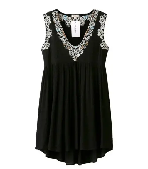 V Neck Colored Flower Embroidery Dress Woman 2 Pieces Set Sleeveless Dresses Femme Tank Dress Black White S M L 1