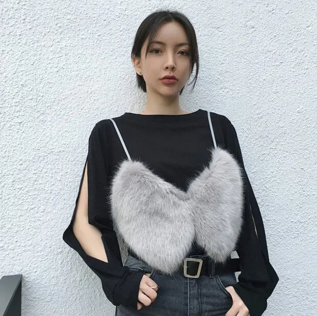V Neck Hairy Shaggy Faux Fur Vest Coat Women Bandage Back Waistcoat Outerwear Gray Pink 2