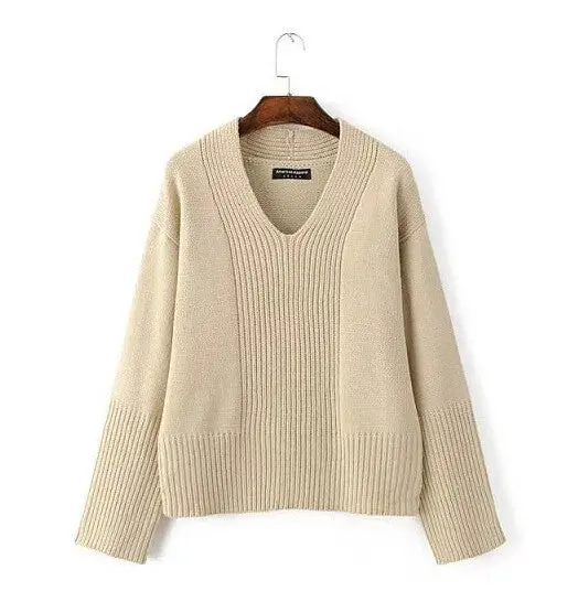 V Neck Knitted Sweater Women Long Sleeve Knitted Loose Pullover Sweater 1