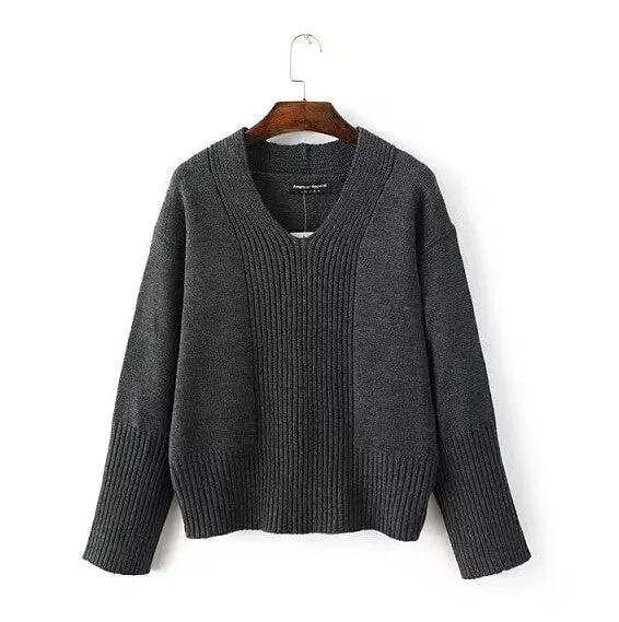 V Neck Knitted Sweater Women Long Sleeve Knitted Loose Pullover Sweater 2