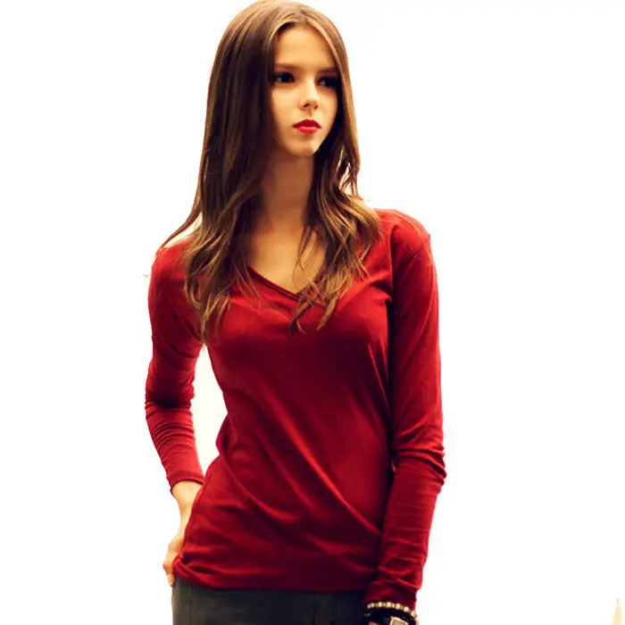 V-Neck Long Sleeve Basic Tee – Slim-Fit Cotton T-Shirt for Women in Oversized Sizes