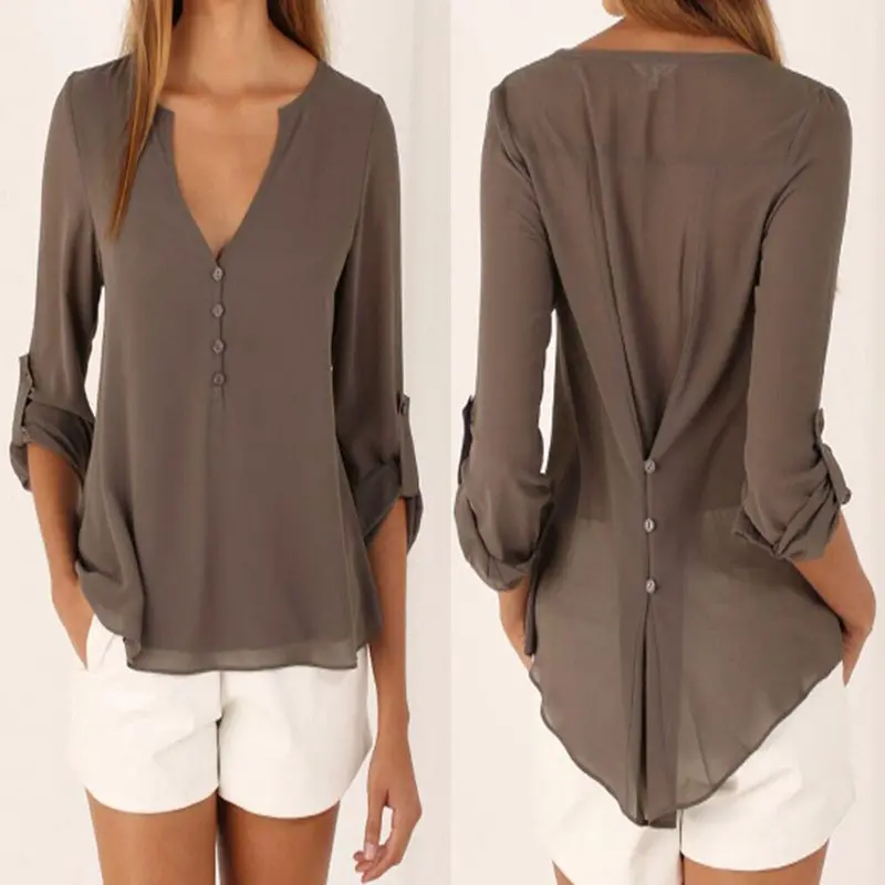 V-Neck Long-Sleeve Chiffon Blouse – Flowy Plus-Size Top with Feminine Draping