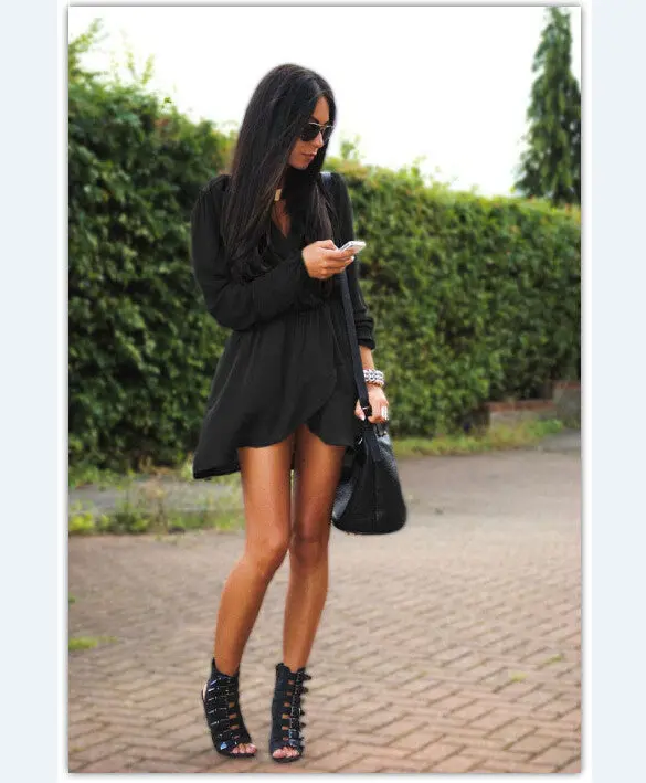 V Neck Long Sleeve Irregular Mini Dress Plus Size Sexy Ladies's Casual Solid Beach Dress Women Clothings Lx082 1