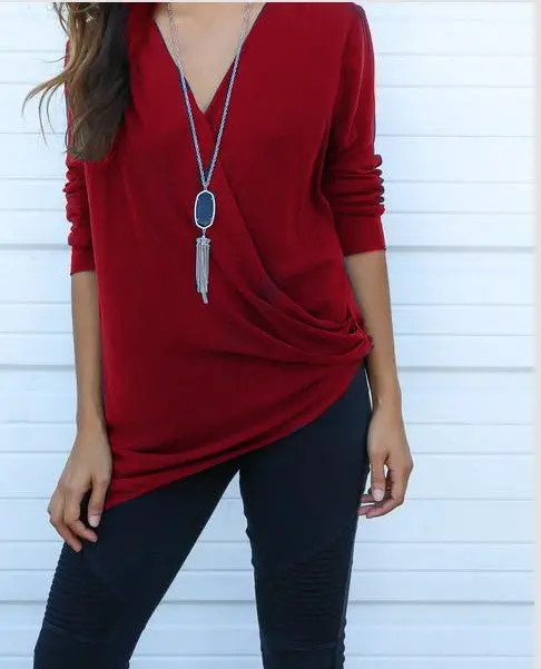 V-Neck Long Sleeve Tee – Casual Irregular Hem Loose Top for Women