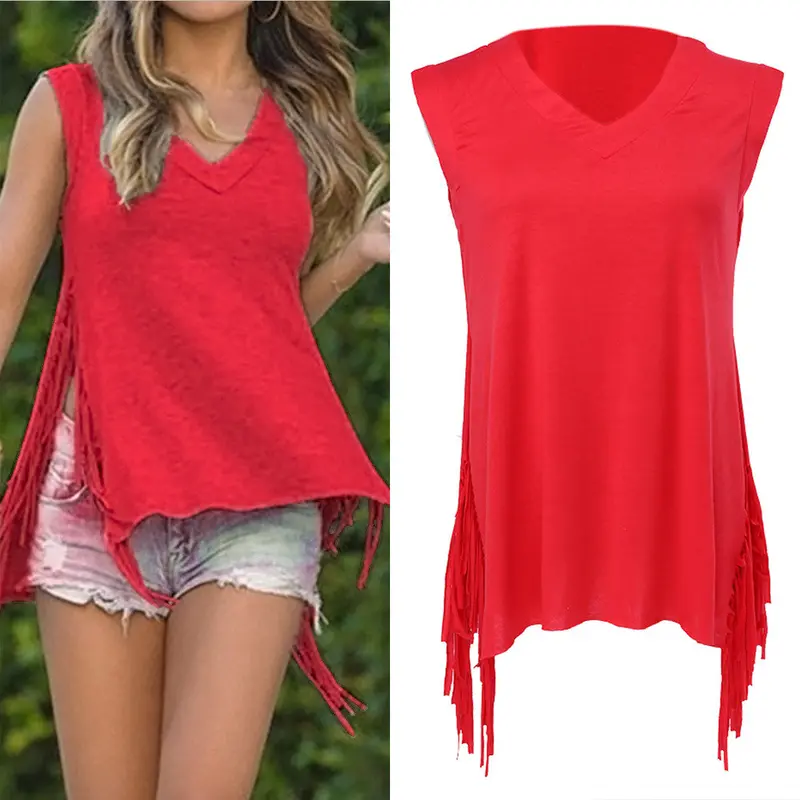 V-Neck Sleeveless Tassels T Shirt Women Irregular Slit At The Side T-Shirt Vest Crop Top Women Tops 1