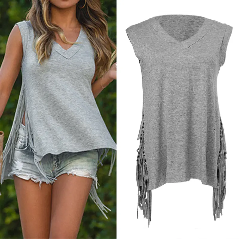 V-Neck Sleeveless Tassels T Shirt Women Irregular Slit At The Side T-Shirt Vest Crop Top Women Tops 5