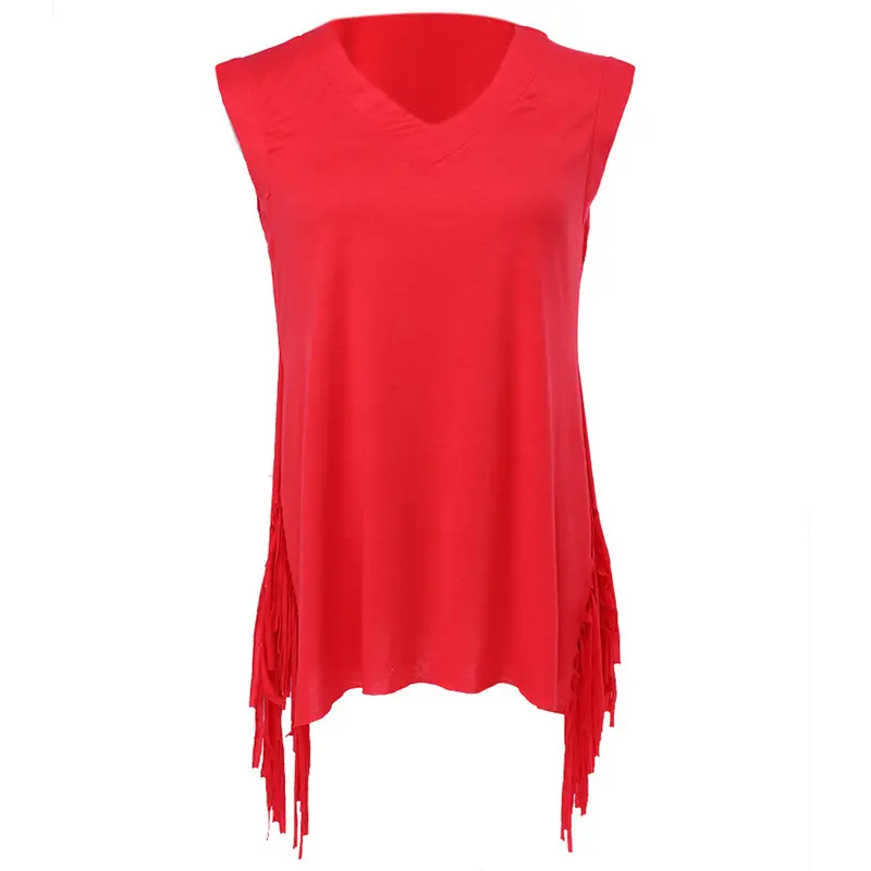 V-Neck Sleeveless Tassels T Shirt Women Irregular Slit At The Side T-Shirt Vest Crop Top Women Tops 7