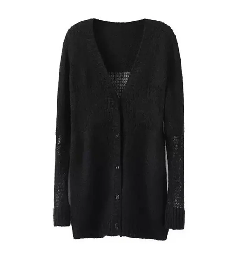 V Neck Splice Transparent Knit Cardigan Sweater Women's Boyfriend Style Loose Knitwear Coat Tops 1