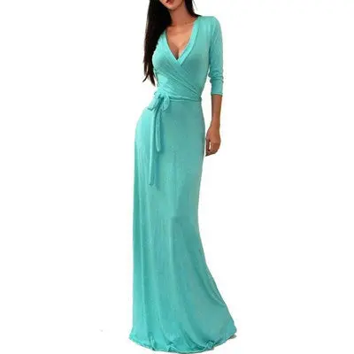 V-Neck Wrap Waist Maxi Dress – Vintage-Inspired 3/4 Sleeve Elegant Long Dress