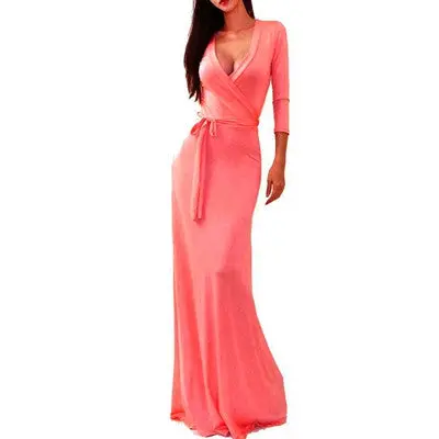 V-Neck Wrap Waist Maxi Dress – Vintage-Inspired 3/4 Sleeve Elegant Long Dress