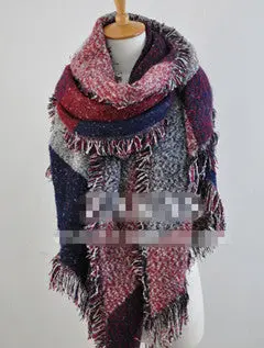Valentine's Day Gift Over Size Fringed Scarf Wrap Shawl Plaid Checked Blanket Contrast Color Plaid Beveled Tassel Edged Scarf 1