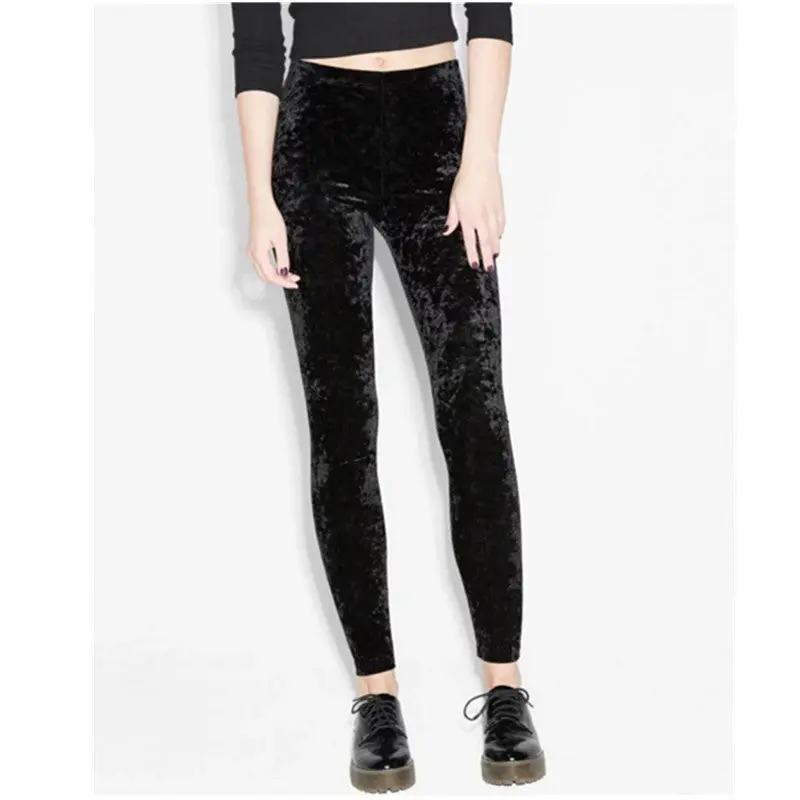 Velour Leggings Woman Retro Elastic Waist Slim Fit Velvet Ankle-Length Leggings Femme Black 2