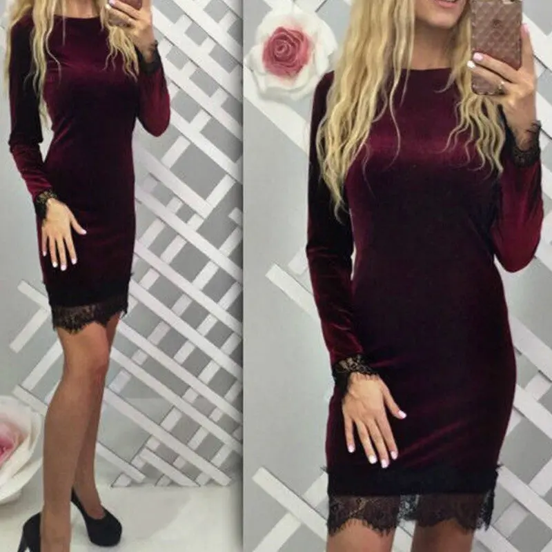 Velvet and Lace Long-Sleeve Bodycon Dress – Round-Neck Pencil Style Party Dress