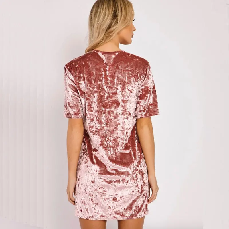 Velvet Basic Dress Women Short Sleeve O Neck Casual Dress Ladies Mini Dresses Pink Black Gold Yellow S-Xl 7