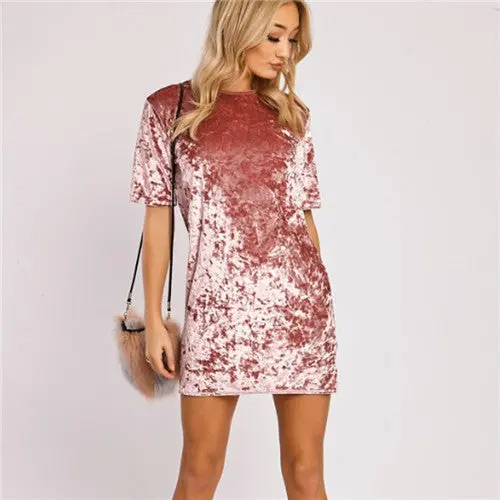 Velvet Basic Dress Women Short Sleeve O Neck Casual Dress Ladies Mini Dresses Pink Black Gold Yellow S-Xl 9