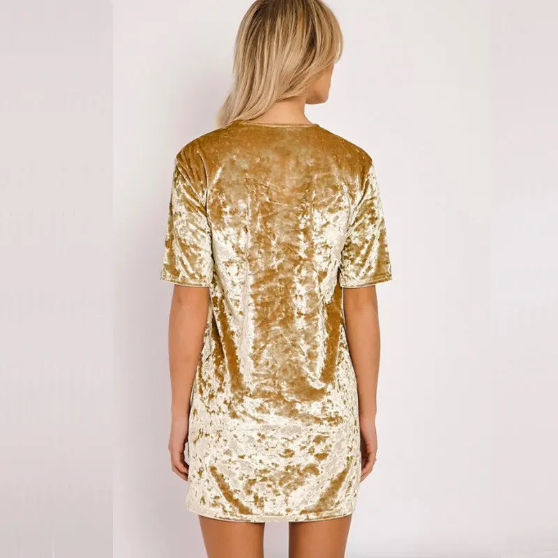 Velvet Basic Dress Women Short Sleeve O Neck Casual Dress Ladies Mini Dresses Pink Black Gold Yellow S-Xl 9