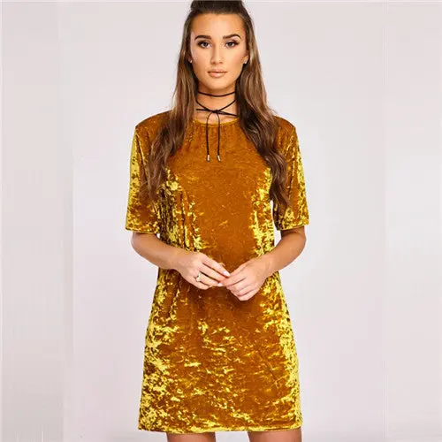 Velvet Casual Mini Dress – Short-Sleeve O-Neck A-Line Dress in Solid Colors
