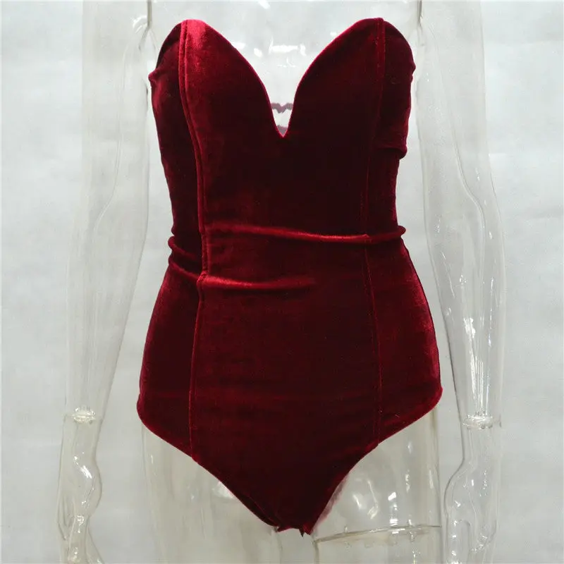 Velvet Lace Up Bodysuit Women Sexy V Neck Padded Chest Bodycon Overalls Body Tops Women Bandage Bodysuit Femme 1