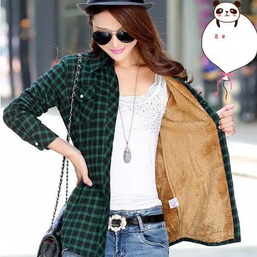 Velvet Plaid Long-Sleeve Blouse – Warm Thicken Cotton Top in Plus Sizes