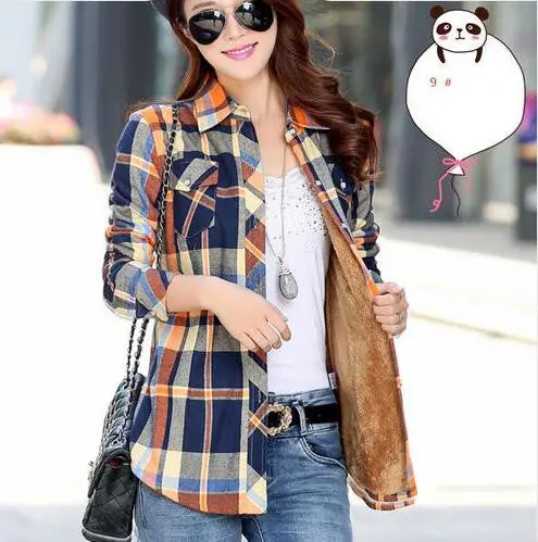 Velvet Plaid Long-Sleeve Blouse – Warm Thicken Cotton Top in Plus Sizes