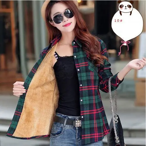 Velvet Plaid Long-Sleeve Blouse – Warm Thicken Cotton Top in Plus Sizes