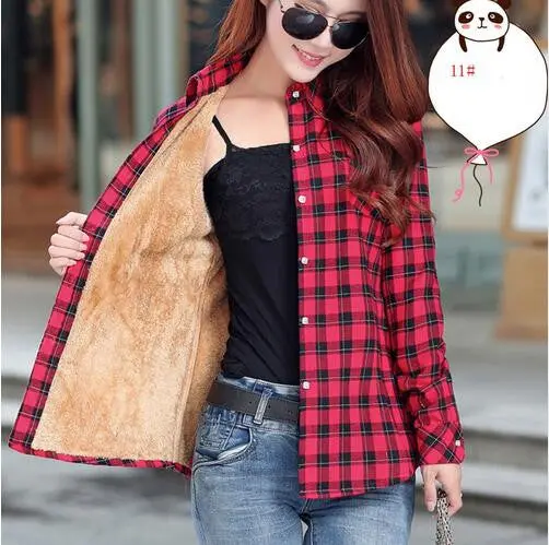 Velvet Plaid Long-Sleeve Blouse – Warm Thicken Cotton Top in Plus Sizes