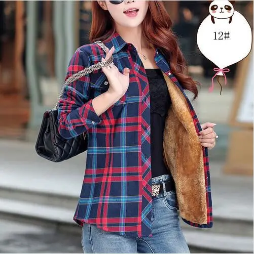 Velvet Plaid Long-Sleeve Blouse – Warm Thicken Cotton Top in Plus Sizes