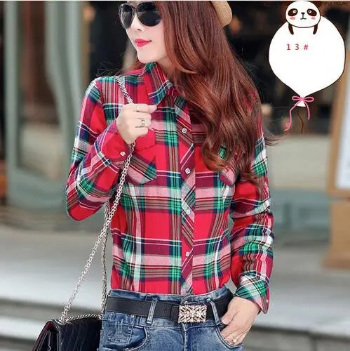 Velvet Plaid Long-Sleeve Blouse – Warm Thicken Cotton Top in Plus Sizes