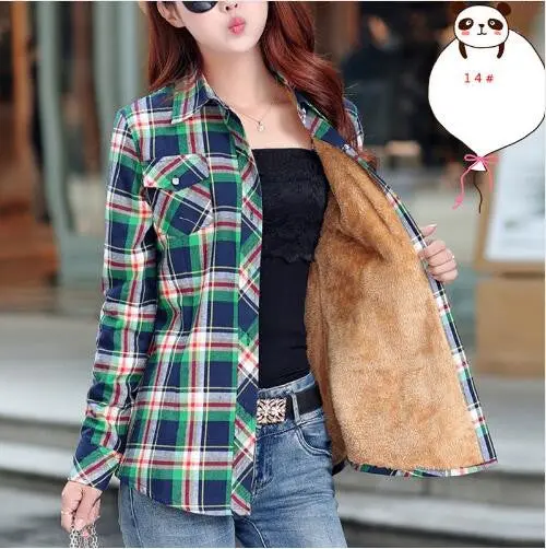 Velvet Plaid Long-Sleeve Blouse – Warm Thicken Cotton Top in Plus Sizes