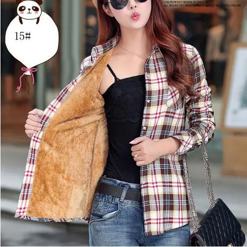 Velvet Plaid Long-Sleeve Blouse – Warm Thicken Cotton Top in Plus Sizes