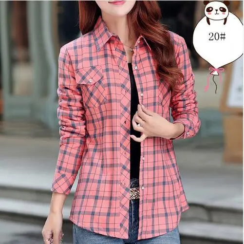 Velvet Plaid Long-Sleeve Blouse – Warm Thicken Cotton Top in Plus Sizes