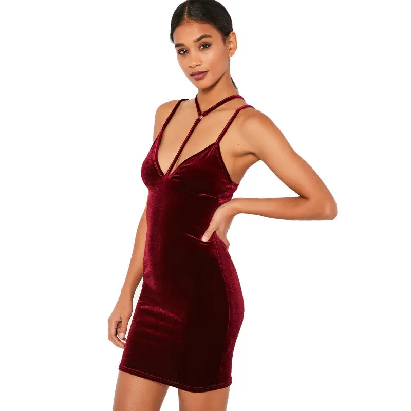 Velvet Strap Party Dresses Sexy Bodycon Dress Slim Backless Night Party Club Dresses Women V Neck Robe Femme 1