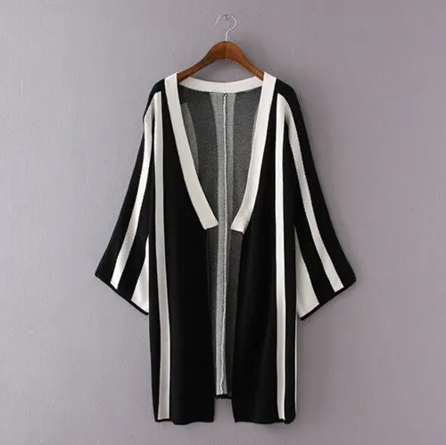 Vertical Striped Cardigan Sweater Women Contrast Color Bat Sleeve Knitwear Jumper Coat Kleding Jerseis Femme 3 Colors 1