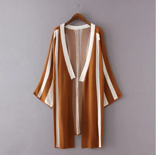 Vertical Striped Cardigan Sweater Women Contrast Color Bat Sleeve Knitwear Jumper Coat Kleding Jerseis Femme 3 Colors 2