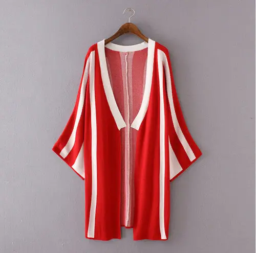 Vertical Striped Cardigan Sweater Women Contrast Color Bat Sleeve Knitwear Jumper Coat Kleding Jerseis Femme 3 Colors 3