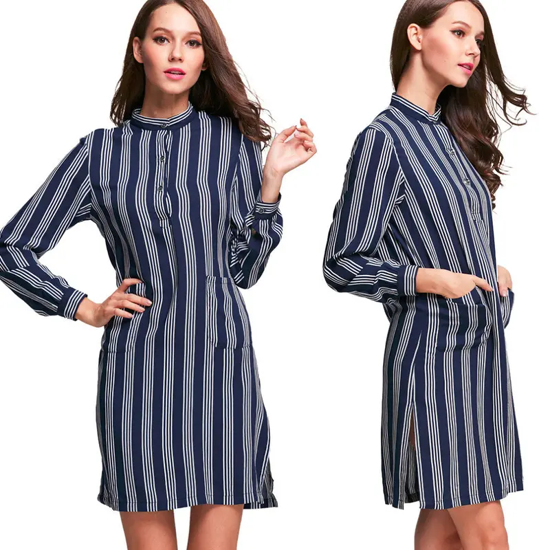 Vertical Striped Cotton Long Sleeves Casual Loose Tops Dress Blue Color Smlxl Size 2