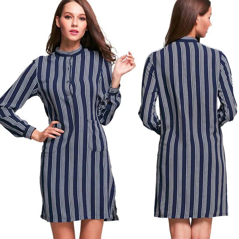 Vertical Striped Cotton Long Sleeves Casual Loose Tops Dress Blue Color Smlxl Size 4