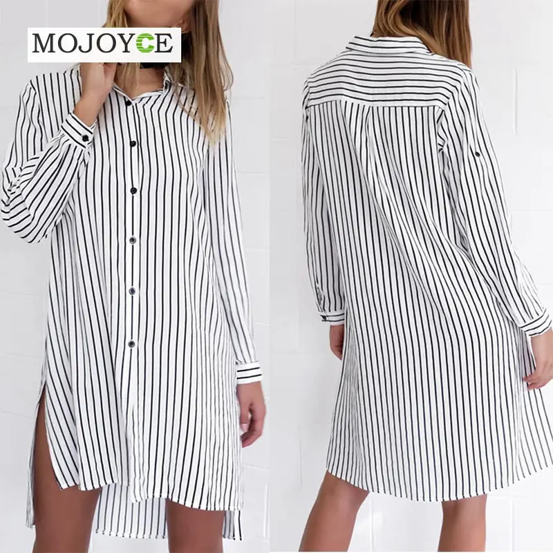 Vertical Stripes Dress Office Vestidos Women Dress Long Sleeve Plus Size Loose Robe Buttons Shirt Dress 2