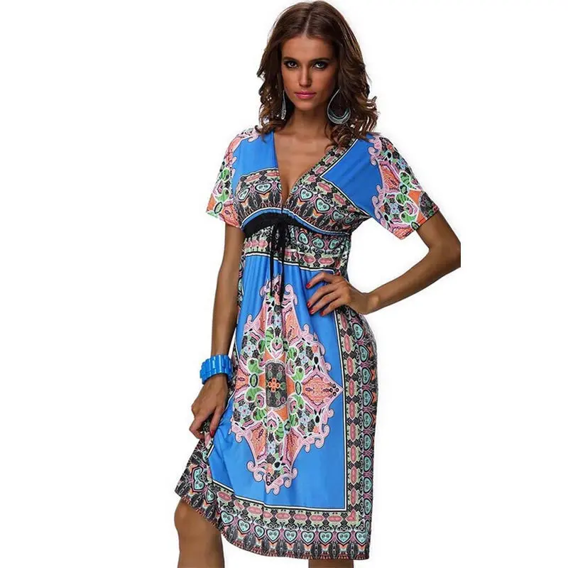 Vestideo Fashion Retro Vintage Print V Neck Hippie Bohemian Dress Women Beach Dress 1