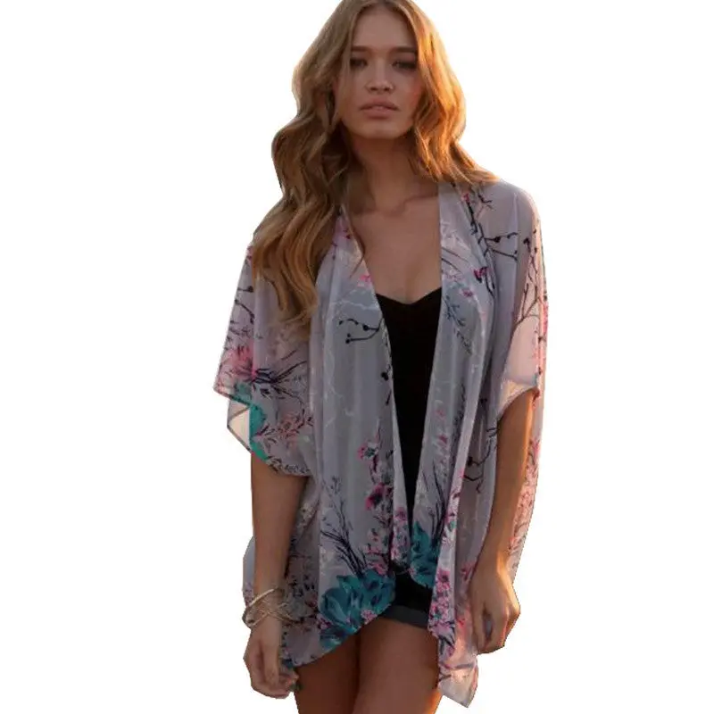 Vestideo Women Floral Short Sleeve Lace Splice Chiffon Kimono Cardigan Tops Blouse 1