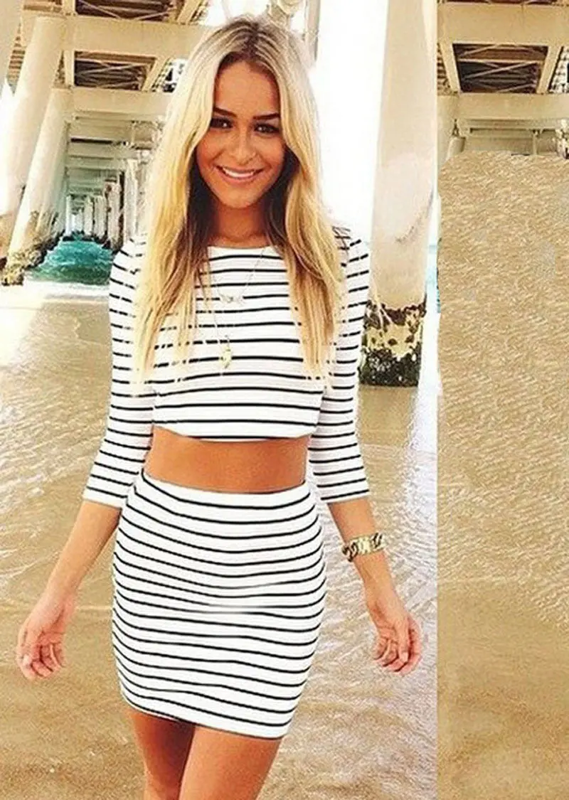 Vestideo Women Striped Casual Two Pieces Three Quarter Sleeves Sheath Dress Black White 1