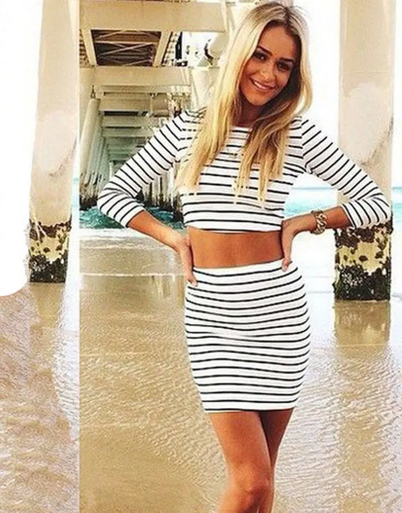 Vestideo Women Striped Casual Two Pieces Three Quarter Sleeves Sheath Dress Black White 3