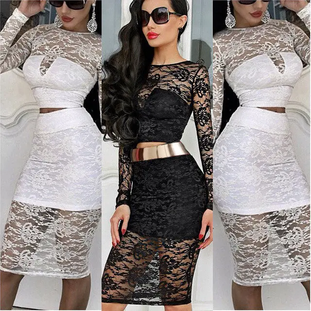Vestido De Renda Women Lace Patchwork 2 Piece Bodycon Bandage Dresses Set Sexy Long Sleeve Novelty Dress Evening Party Dress 1